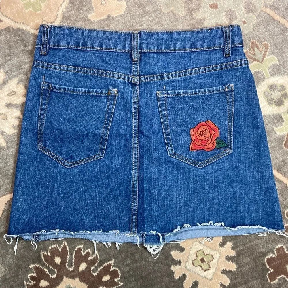 Denim Distressed Rose Embroidered Button Down Skirt - Picture 2 of 15